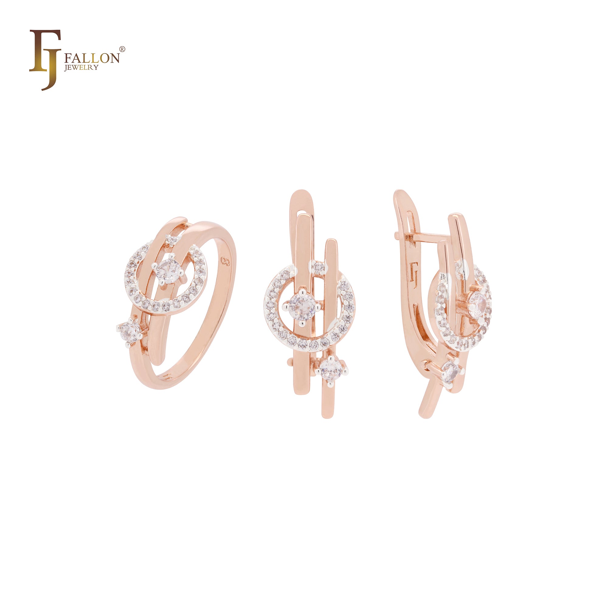 Kreis aus weißen Zirkoniasteinen und ineinandergreifenden Sternen, zweifarbiges Schmuckset aus Roségold mit Ringen