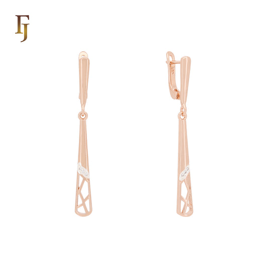 Tall Long Drop Rose Gold two tone Russian Lock Earrings 4.7mm * 31.8mm By FJ Jewelry