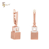 Cube with hollow cube of white CZs Rose Gold Russian Lock Earrings