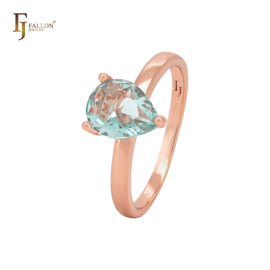 Anéis da moda em ouro rosa com zircônia cúbica e gota verde-maçã solitária