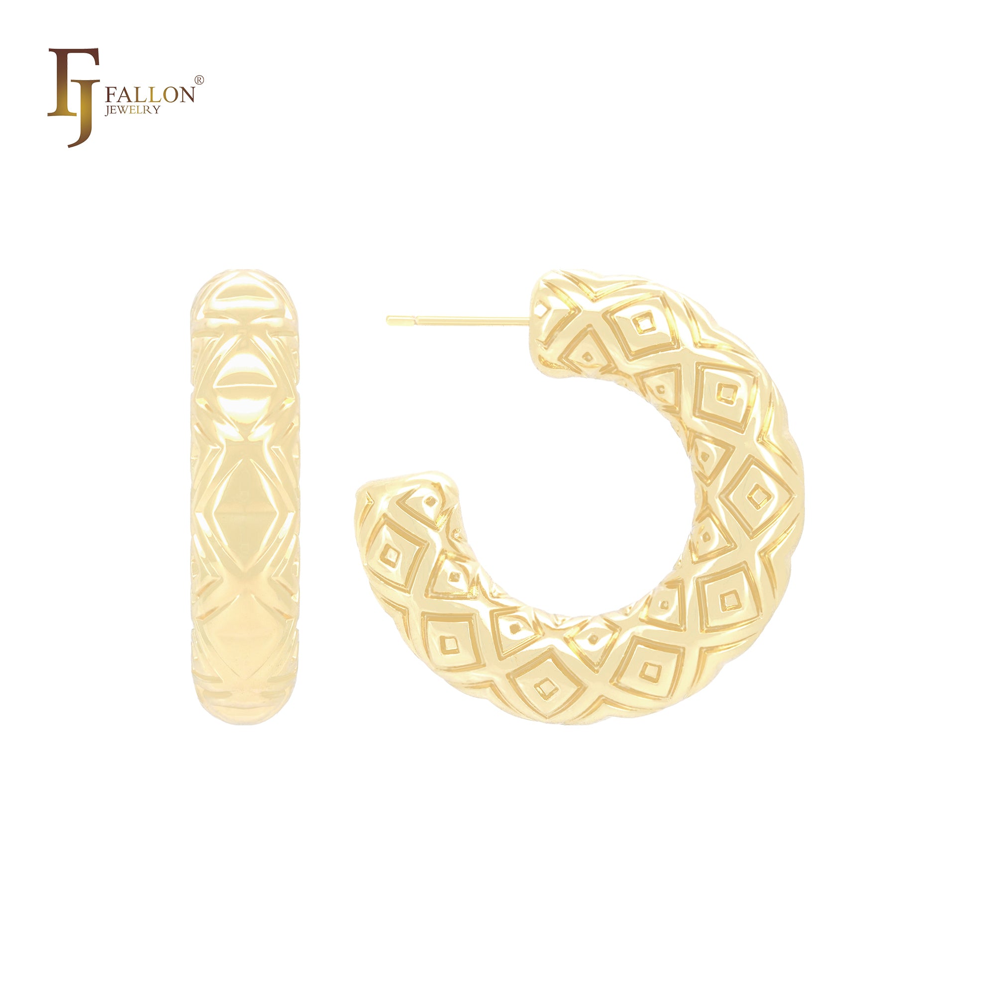 Brincos de argola em formato de C, quadrados e texturizados, em ouro 14K, ouro rosa e ouro branco da Rombuhs
