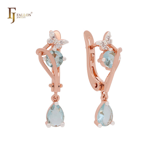 Cluster Lake Blue white CZs of Butterfly Rose Gold two tone Clip-On Earrings