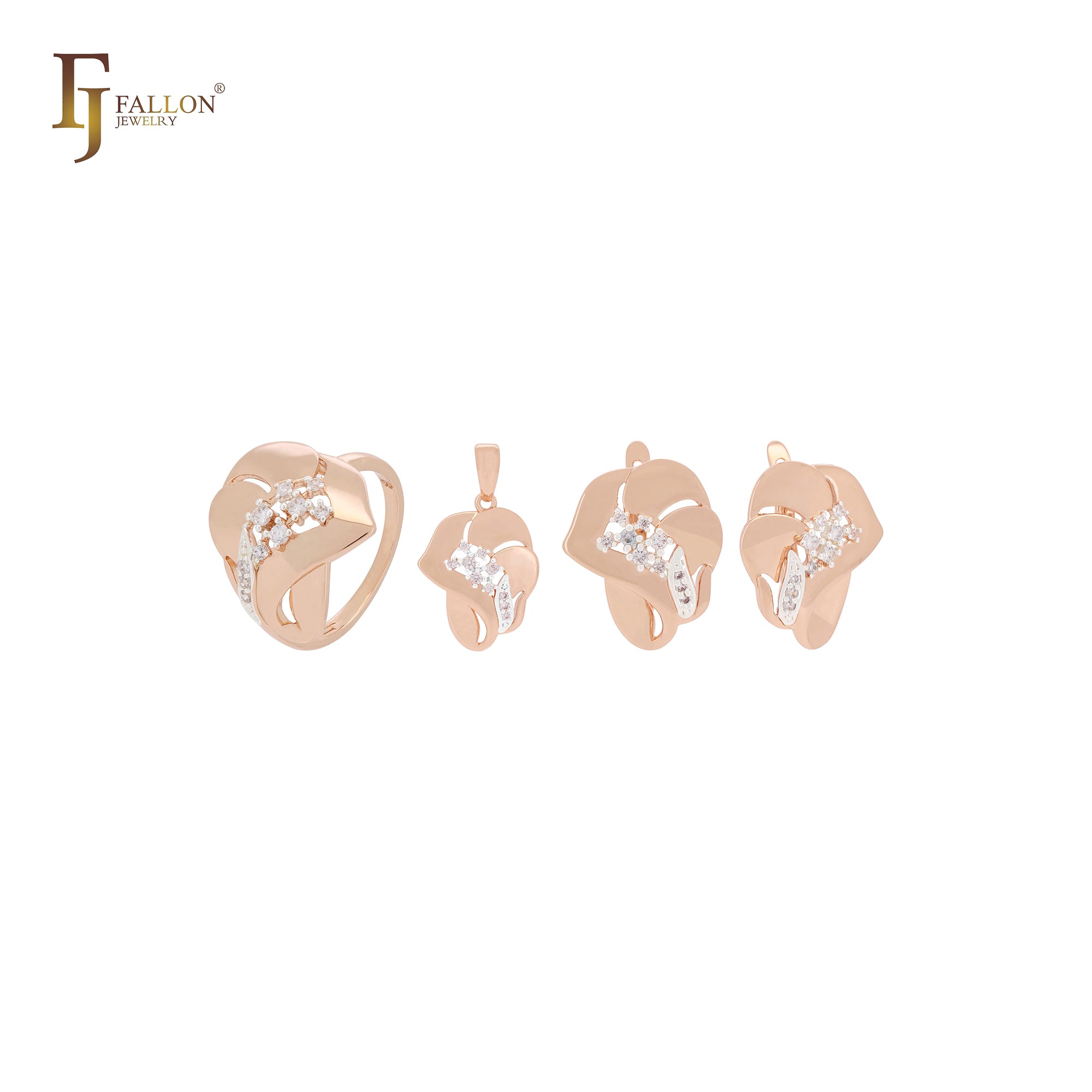 Conjunto de joyas de dos tonos en oro rosa con pétalos de rosa superpuestos, colgante y anillos