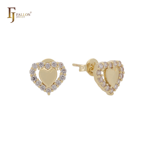 Brincos de pino de ouro 14K com halo duplo de coração branco CZs