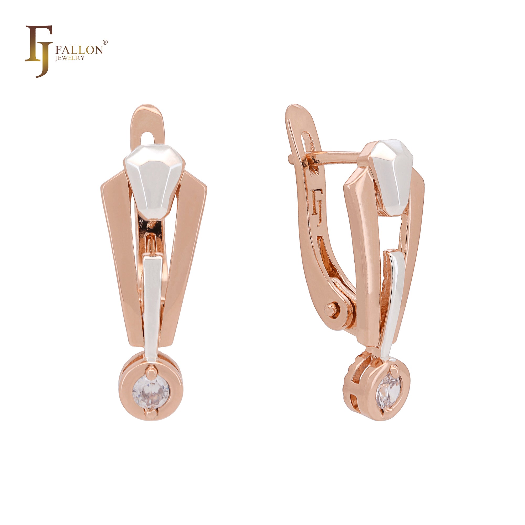 Necktie designed solitaire white CZ Rose Gold two tone Russian Lock Earrings
