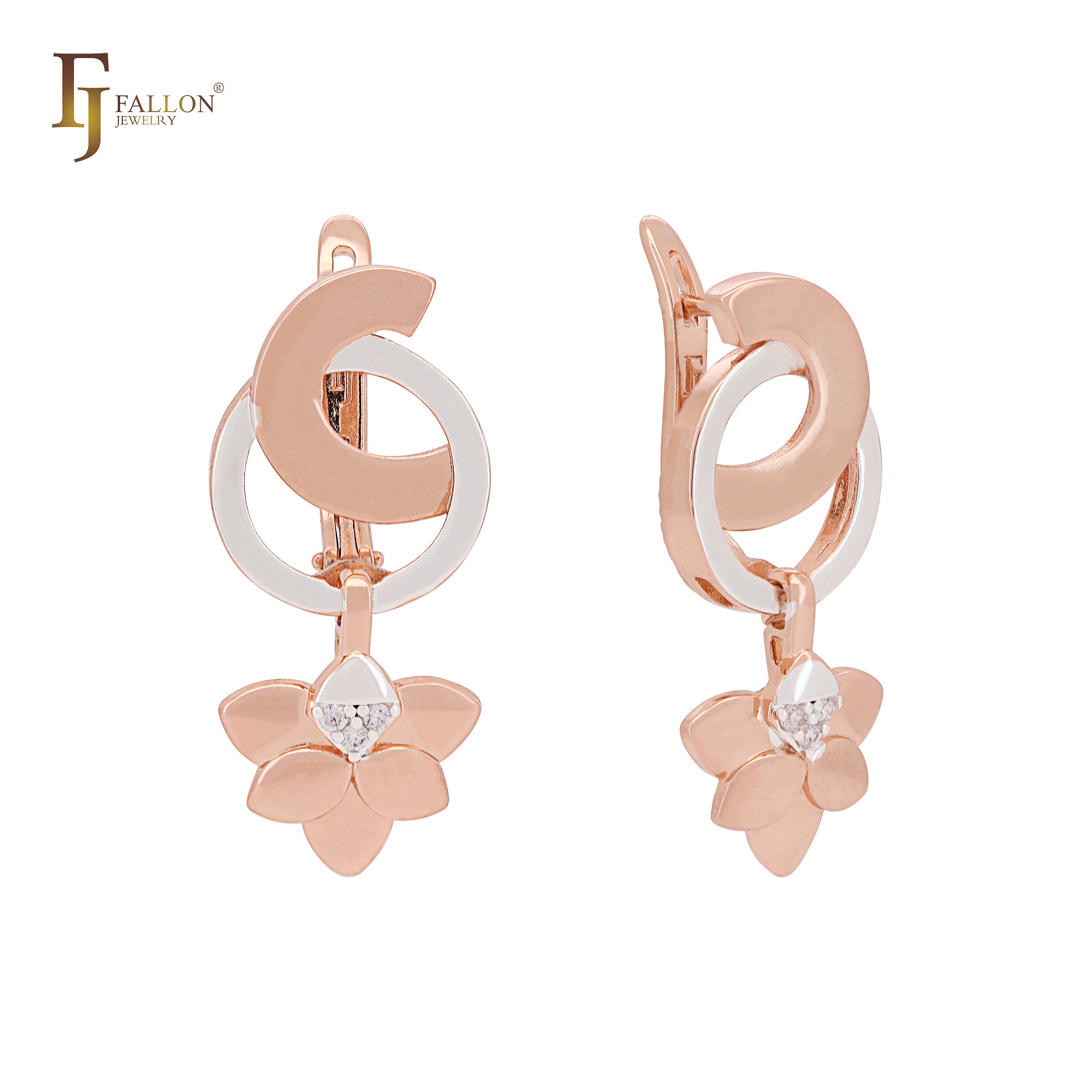 Double clover flower drop geometric Rose Gold two tone Russian Lock Earrings
