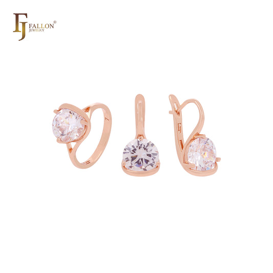 Conjunto de joias elegantes de ouro rosa com zircônia cúbica branca e garras solitárias com anéis