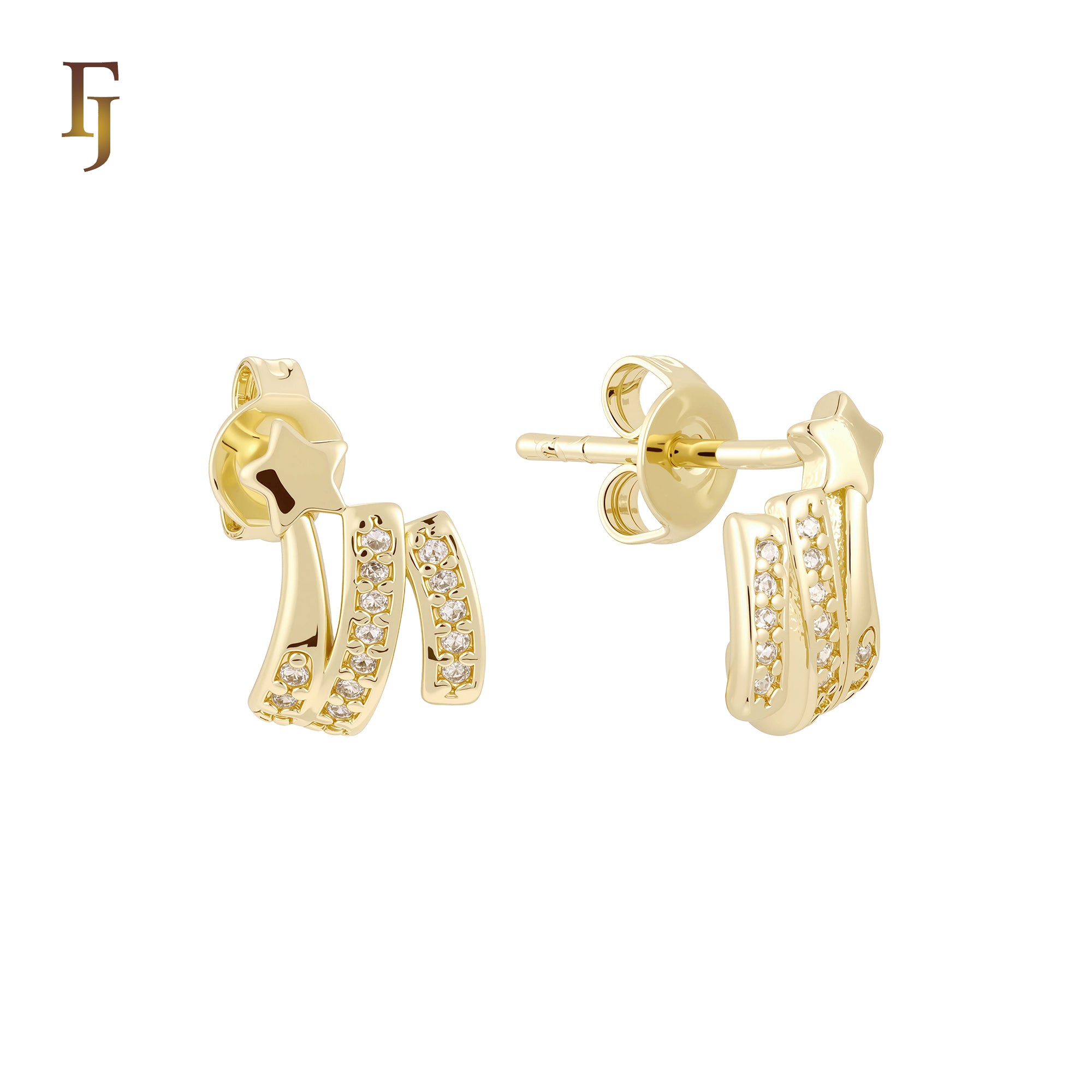 Star of rows of white CZs 14K Gold Stud Earrings