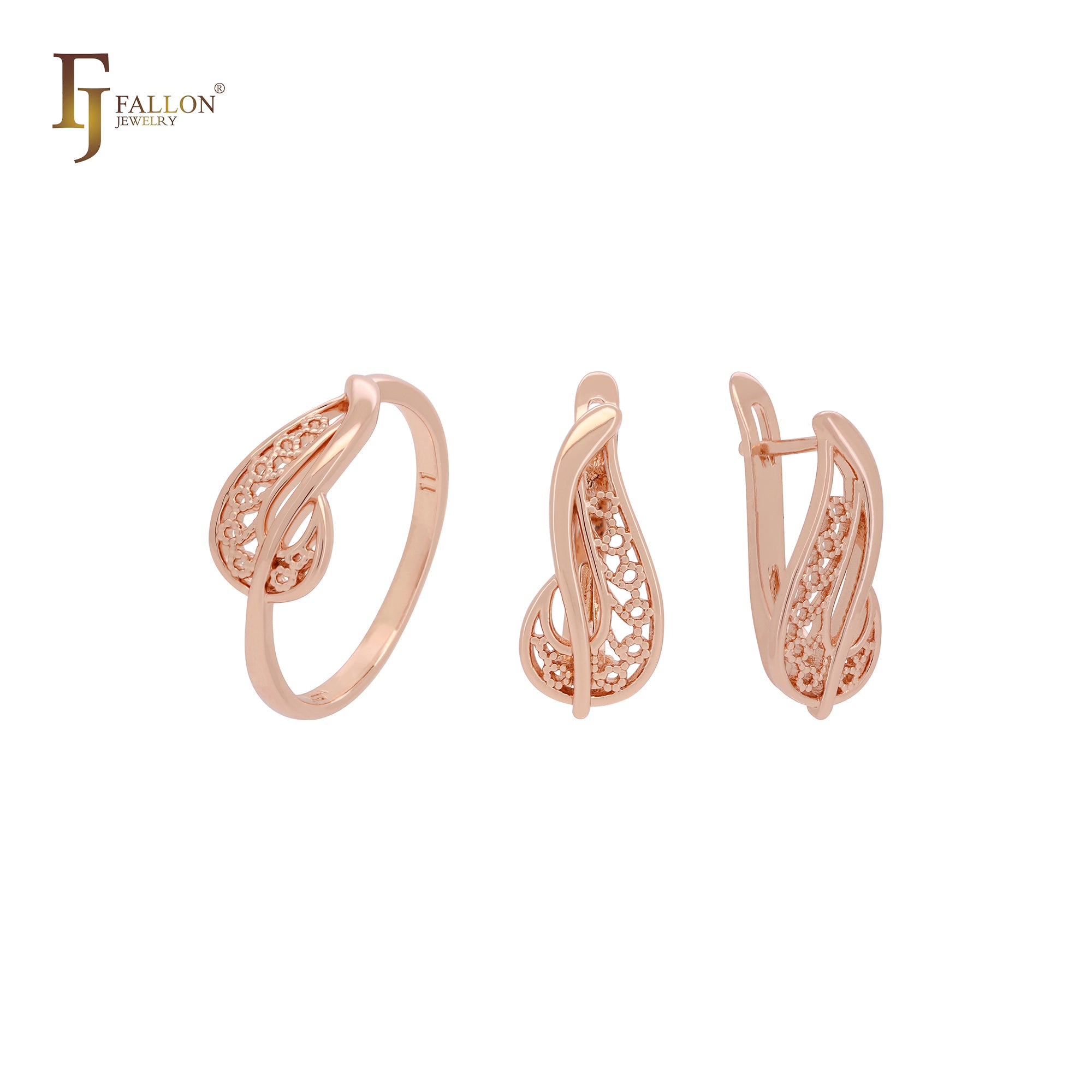 Minimalismus Blätter aus filigranem Roségold Schmuckset mit Ringen
