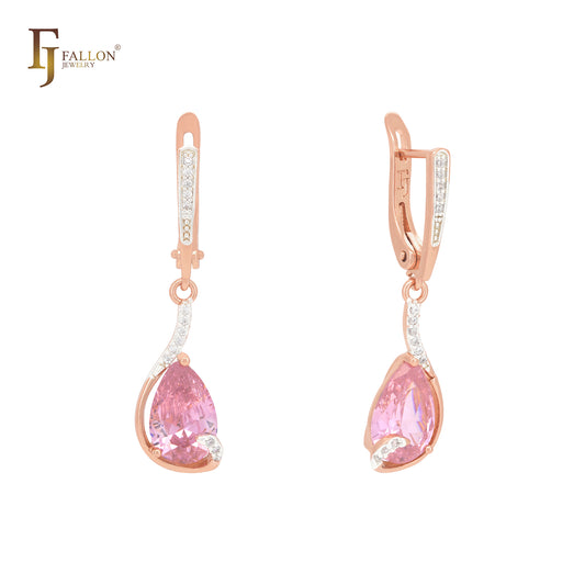 Pear shape pink CZ solitaire drop with white CZs Rose Gold two tone Russian Lock Earrings