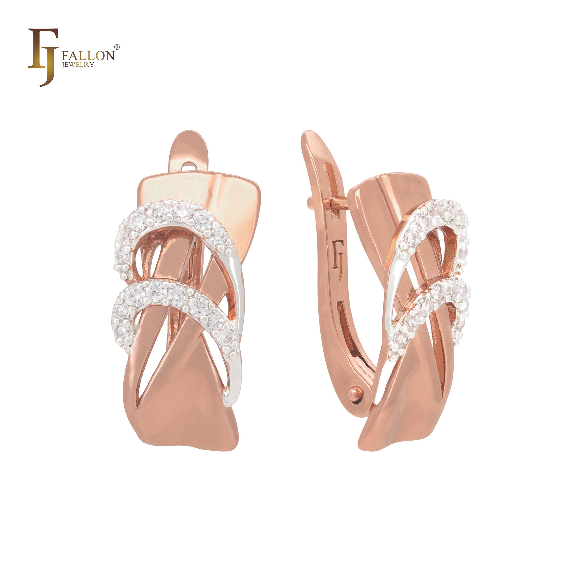 Ribbon crossing bands of white CZ Rose Gold Russian Lock Earrings