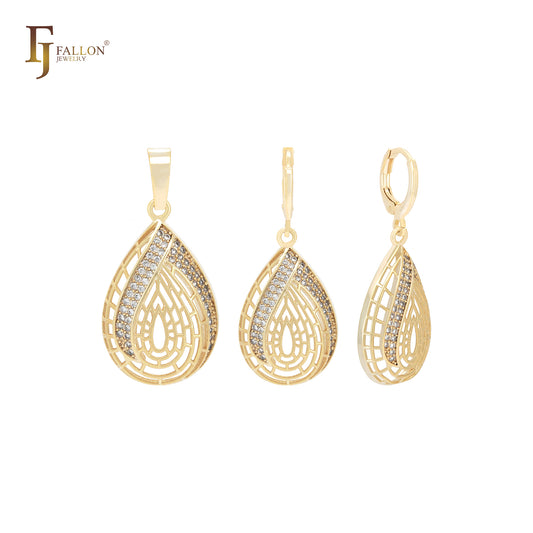 Conjunto de joias em ouro 14K com pingente em formato de lágrima e filigrana de zircônias cúbicas brancas