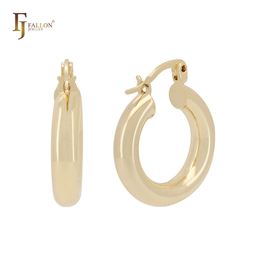 Brincos de argola em ouro 14K, redondos, brilhantes e grossos, de 4 mm, em formato C