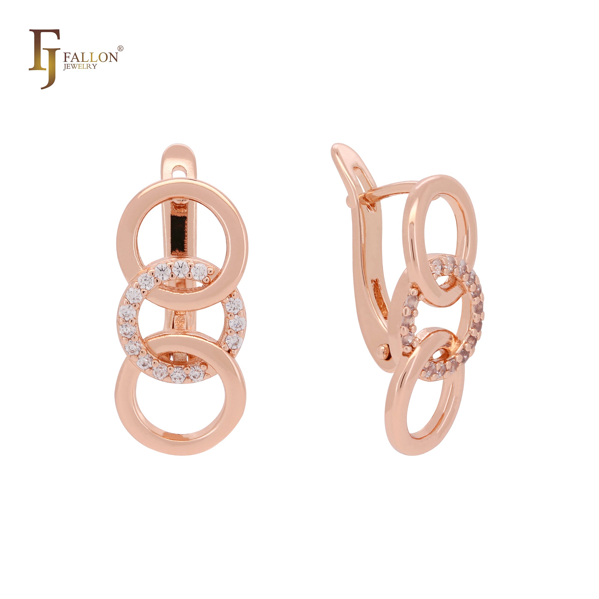 Triple interlocking circles minimalism 14K Gold, Rose Gold two tone Russian Lock Earrings