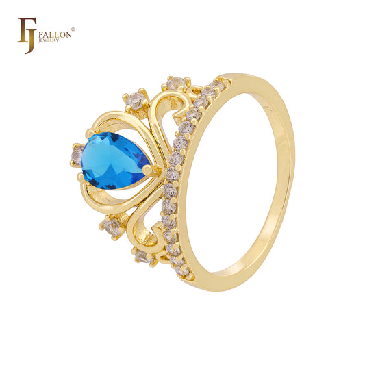 Pear shaped Solitaire Colorful CZ 14K Gold, 18K Gold, Rose Gold Cluster White CZ Crown Rings