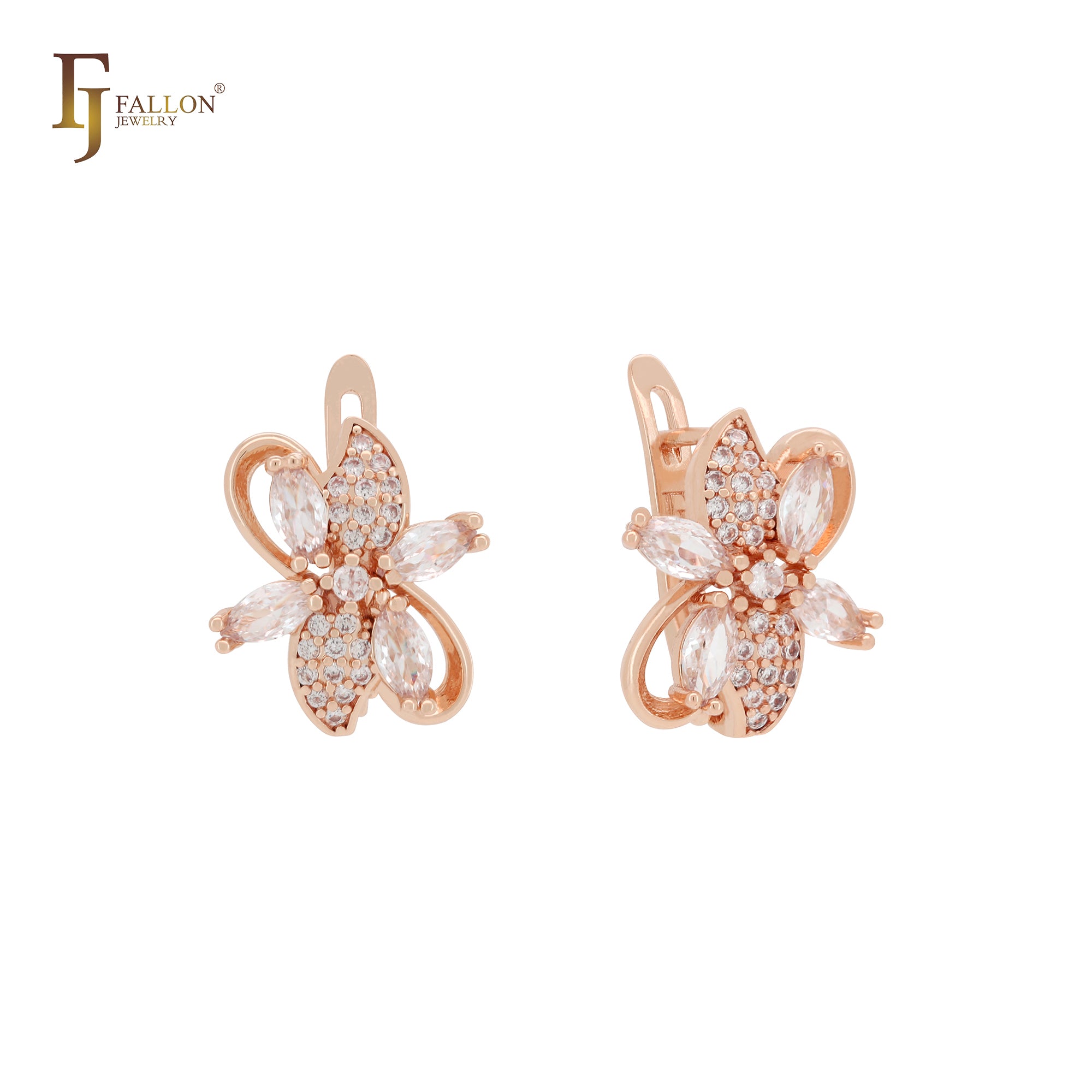 Great cluster leaves of white CZs 14K Gold Russian Lock Earrings