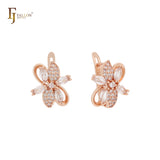 Great cluster leaves of white CZs 14K Gold Russian Lock Earrings