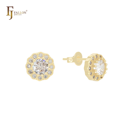 Halo Rounded white CZs 14K Gold Stud Earrings
