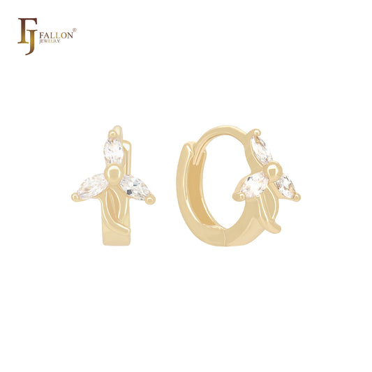 三颗白色榄尖形 CZ 14K 金耳环