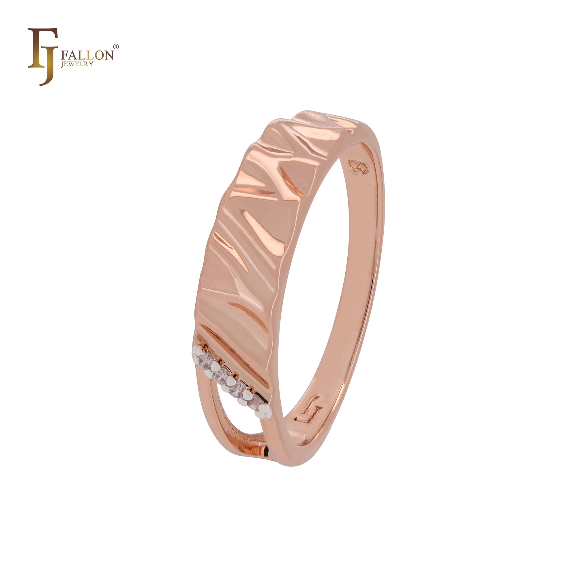 Anillos de moda de oro rosa de dos tonos con textura ondulada alargada