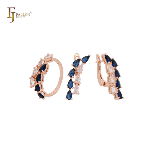 Double row mixed white Blue CZs Cluster Jewelry Set with Rings