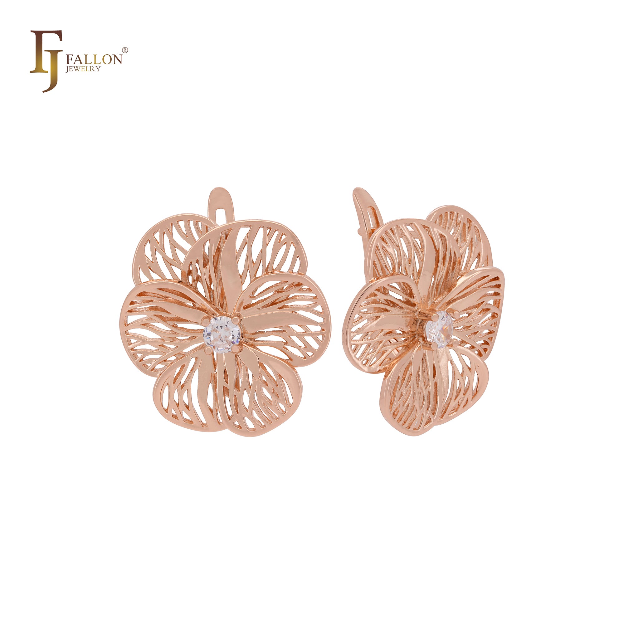 Elegant luxurious great flower of wires and white CZ Rose Gold Russian Lock Earrings