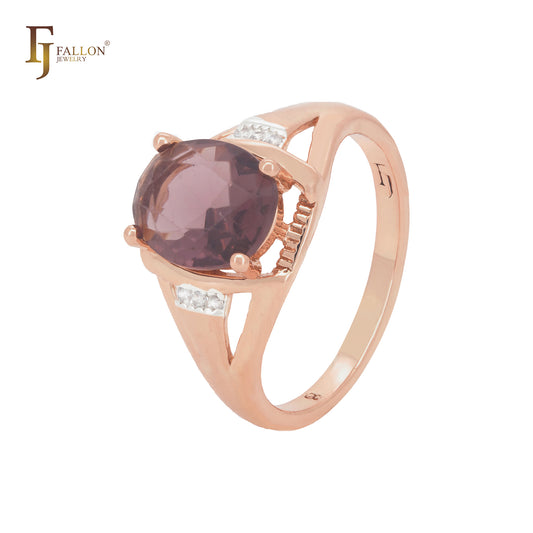 Grandes anéis da moda em dois tons de ouro rosa com zircônia cúbica e café vermelho oval