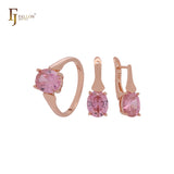 Conjunto de joias de ouro rosa com zircônia cúbica oval e quatro garras com anéis