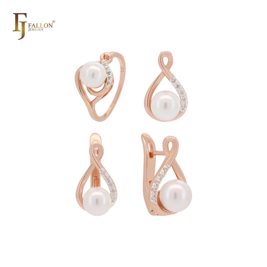 Conjunto de joyería minimalista en oro rosa de dos tonos con perla y circonitas blancas, anillos y colgante.