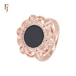 Leaves and Flower halo white CZs surrounding Rounded Black Onyx Rose Gold Fashion Rings