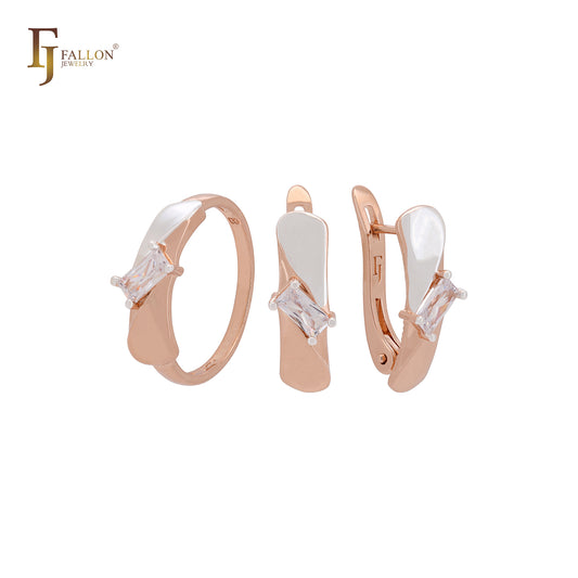 Rectangular cut white CZ solitaire wide Rose Gold two tone Jewelry Set with Rings