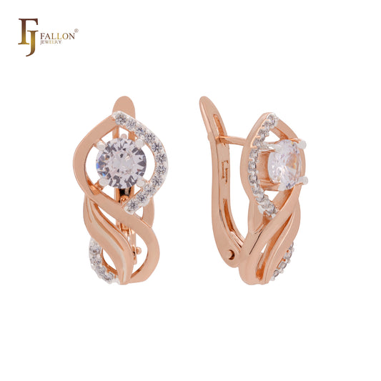 Phoenix feather of white Czs Rose Gold two tone Russian Lock Earrings