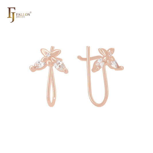 Clover of white CZs Rose Gold Wire Hook Earrings