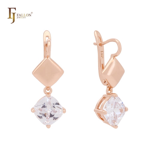 Solitaire Cushion Cut white CZ with Rhombus Rose Gold Clip-On Earrings