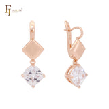Solitaire Cushion Cut white CZ with Rhombus Rose Gold Russian Lock Earrings