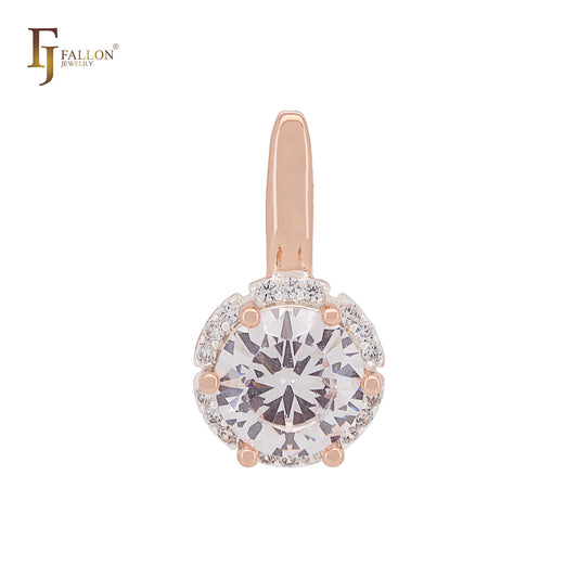 Solitaire Halo Big Rounded Colorful CZ Rose Gold two tone Solitaire Pendant