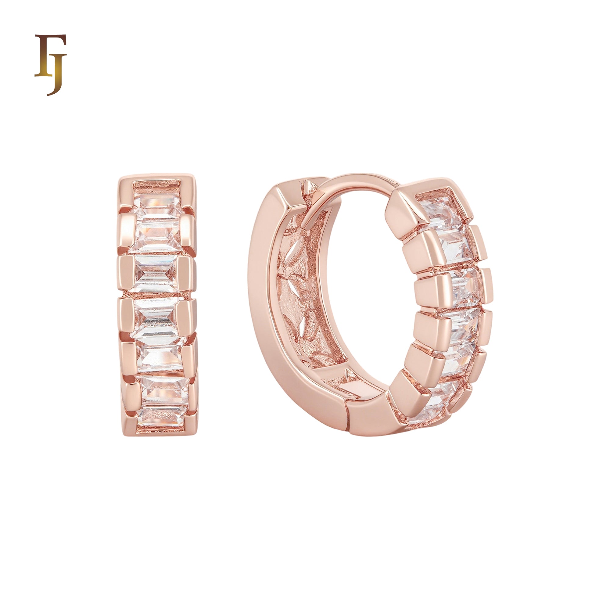Baguette White Czs paved Rose Gold Huggie Earrings