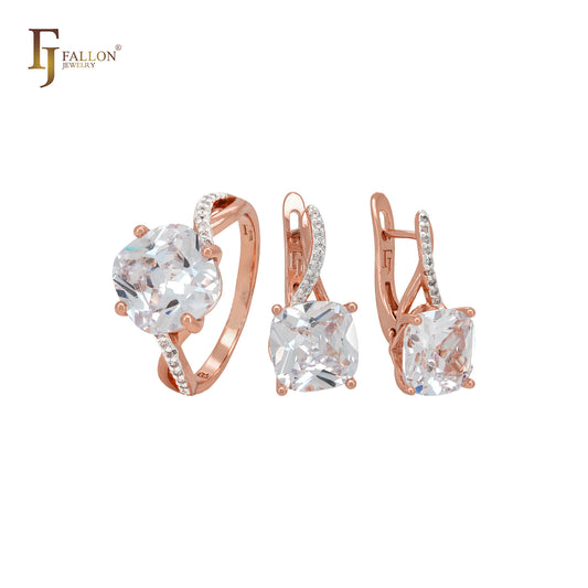 Solitär-Schmuckset aus Roségold mit weißen Zirkoniasteinen und gepflasterten weißen Zirkoniasteinen und Ringen