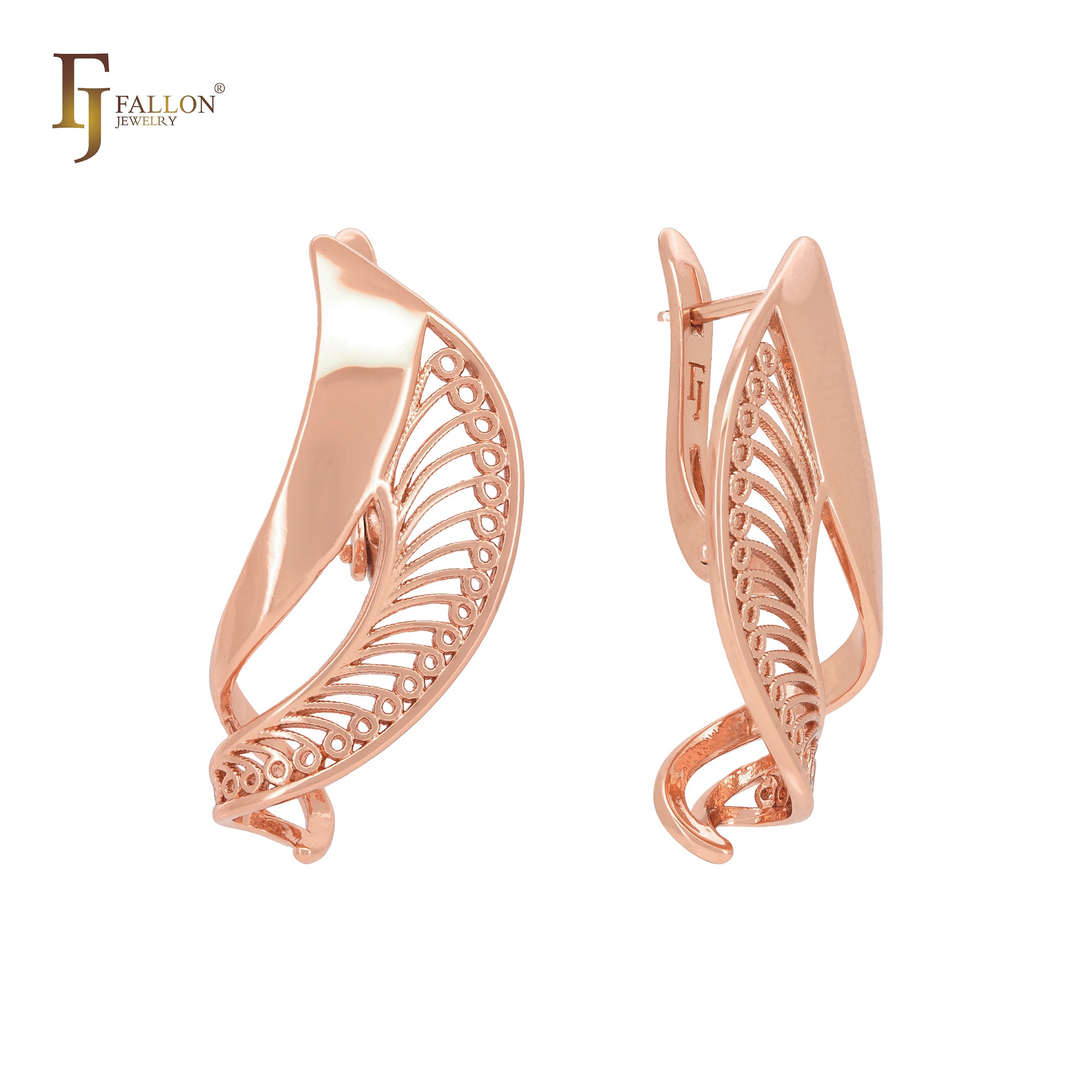 Flying filigree twisted ribbon Rose Gold Russian Lock Earrings