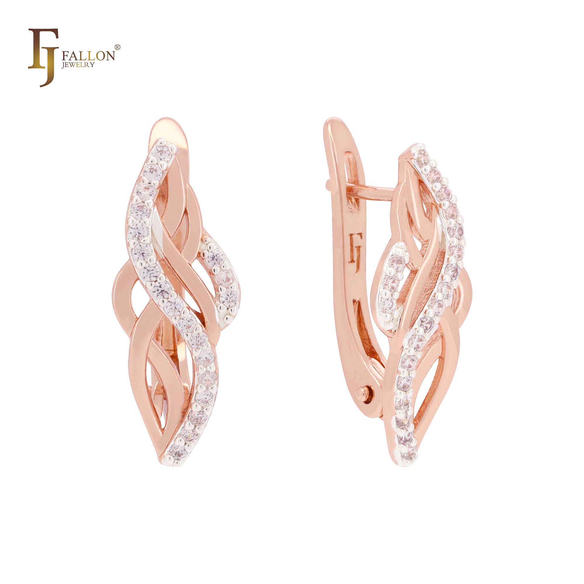 Thousand bands of paved white CZs Rose Gold two tone Russian Lock Earrings