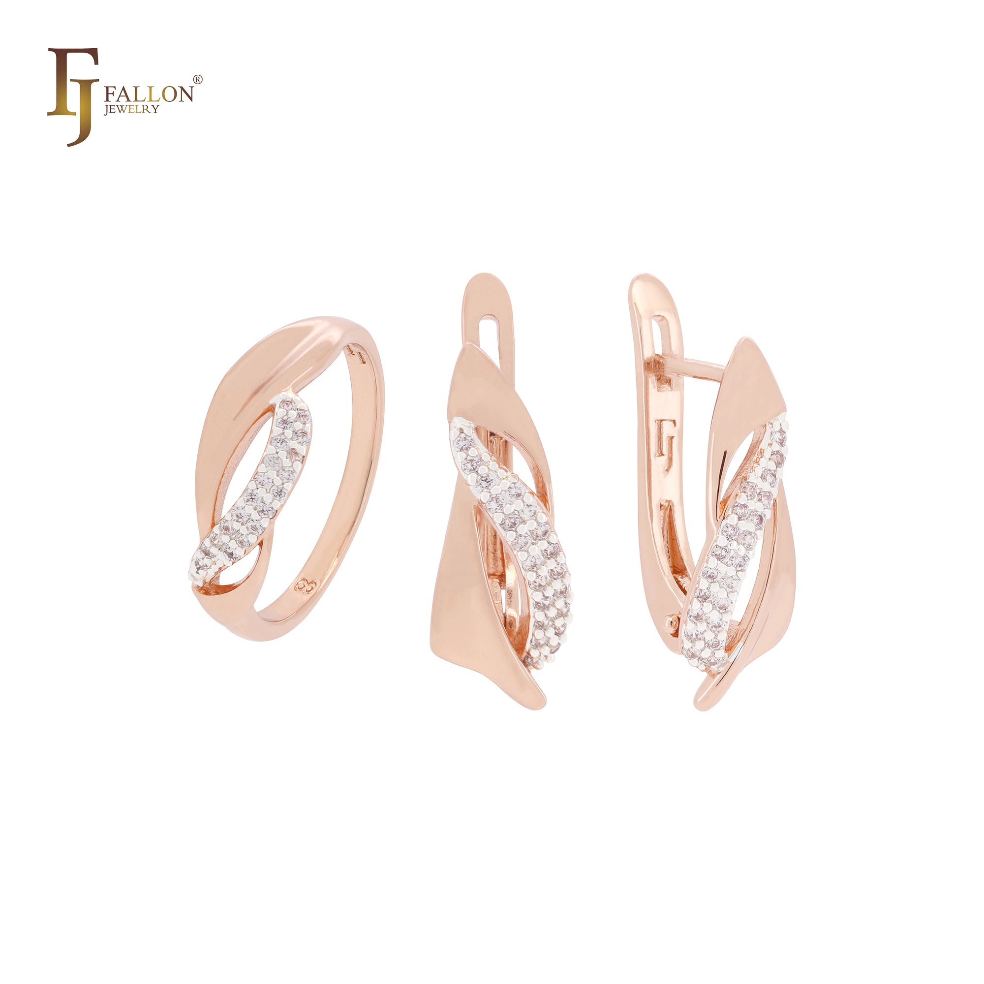 Schmuckset aus Roségold mit ineinandergreifenden weißen Zirkoniasteinen und Ringen