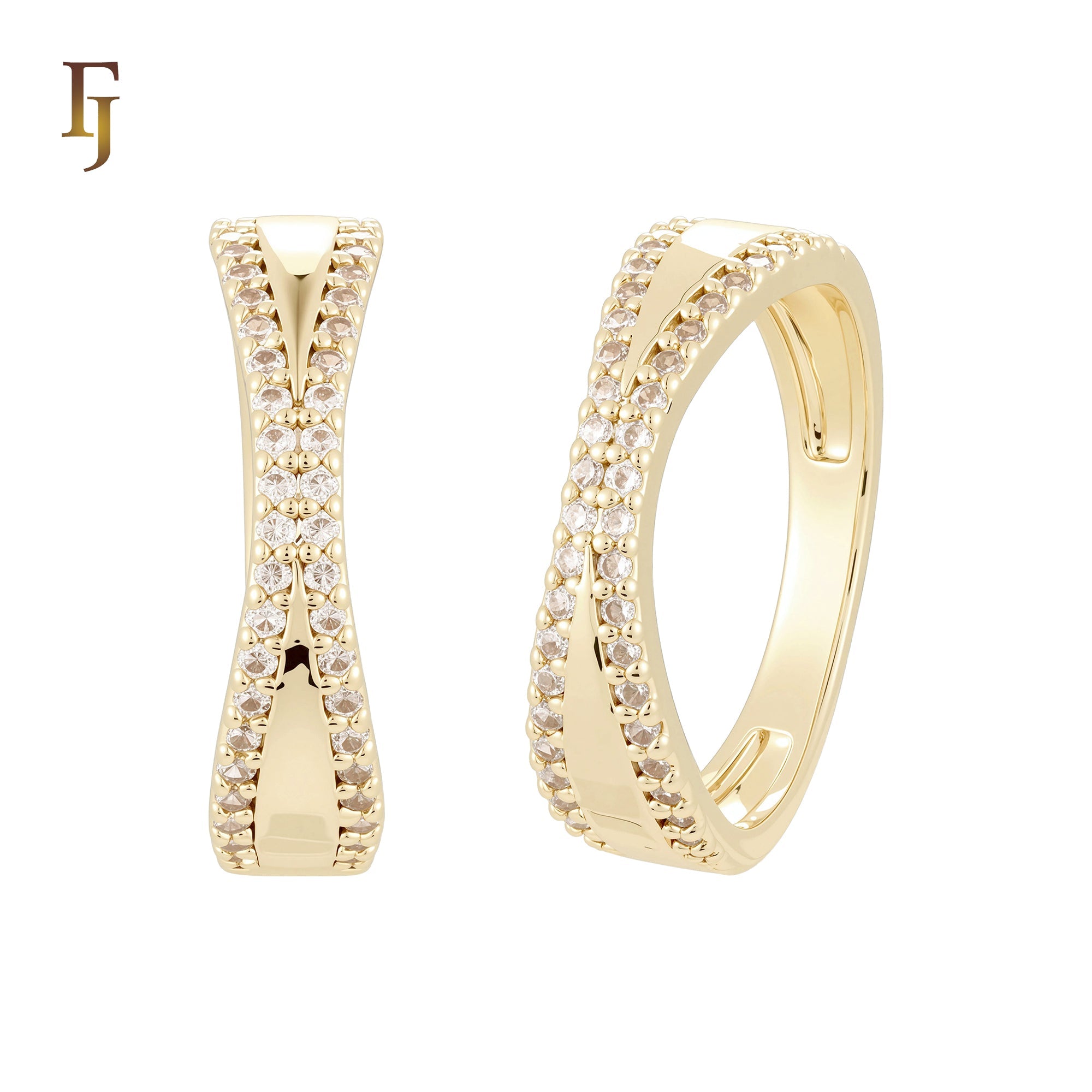 Double Cross Paved white CZs 14K Gold, Rose Gold Wedding Set Rings