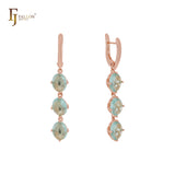 Triple big cluster apple green CZs Rose Gold Russian Lock Earrings