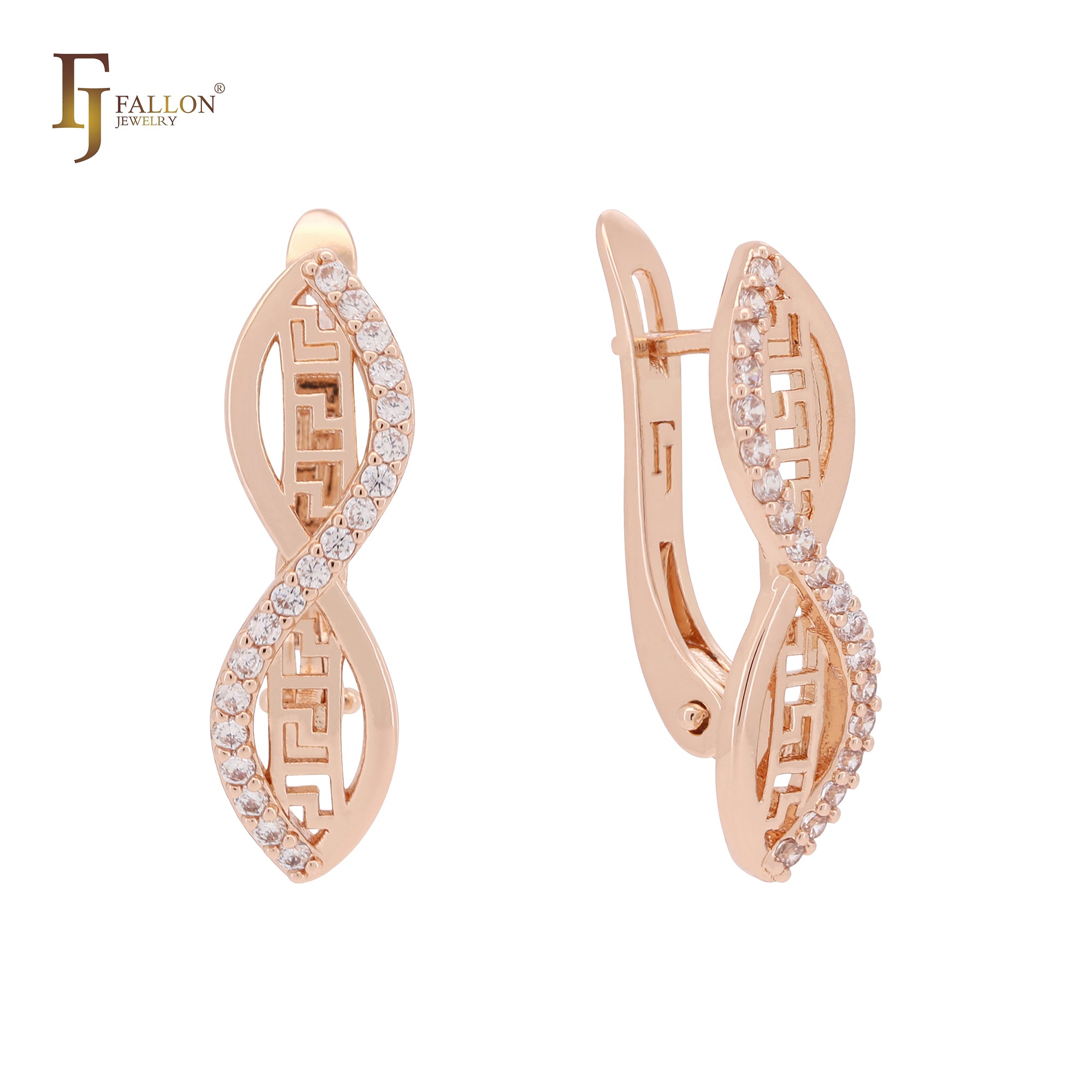 Greek Key Marquise Crossing White CZs Rose Gold Russian Lock Earrings