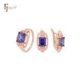 Squared Purple CZ Rose Gold Jewelry Set with Rings
