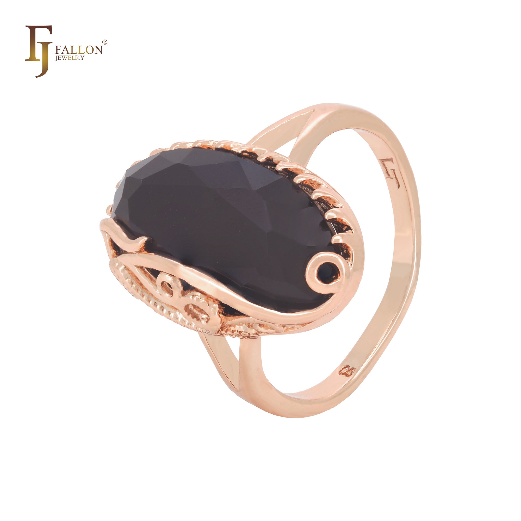 Grandes anéis gigantes de ouro rosa com corte oval preto
