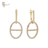 Mariner shape link with white CZs Rose Gold Russian Lock Earrings