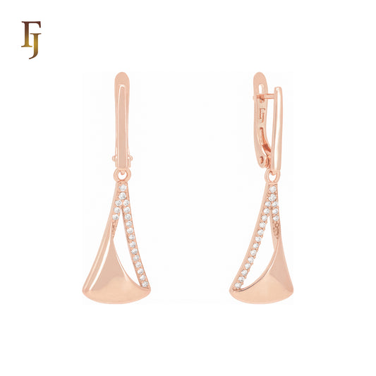 Triangular pendulum of white CZs Rose Gold Russian Lock Earrings