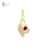 Rhombus Leaves of white CZs Solitaire Red CZ 14K Gold Pendant