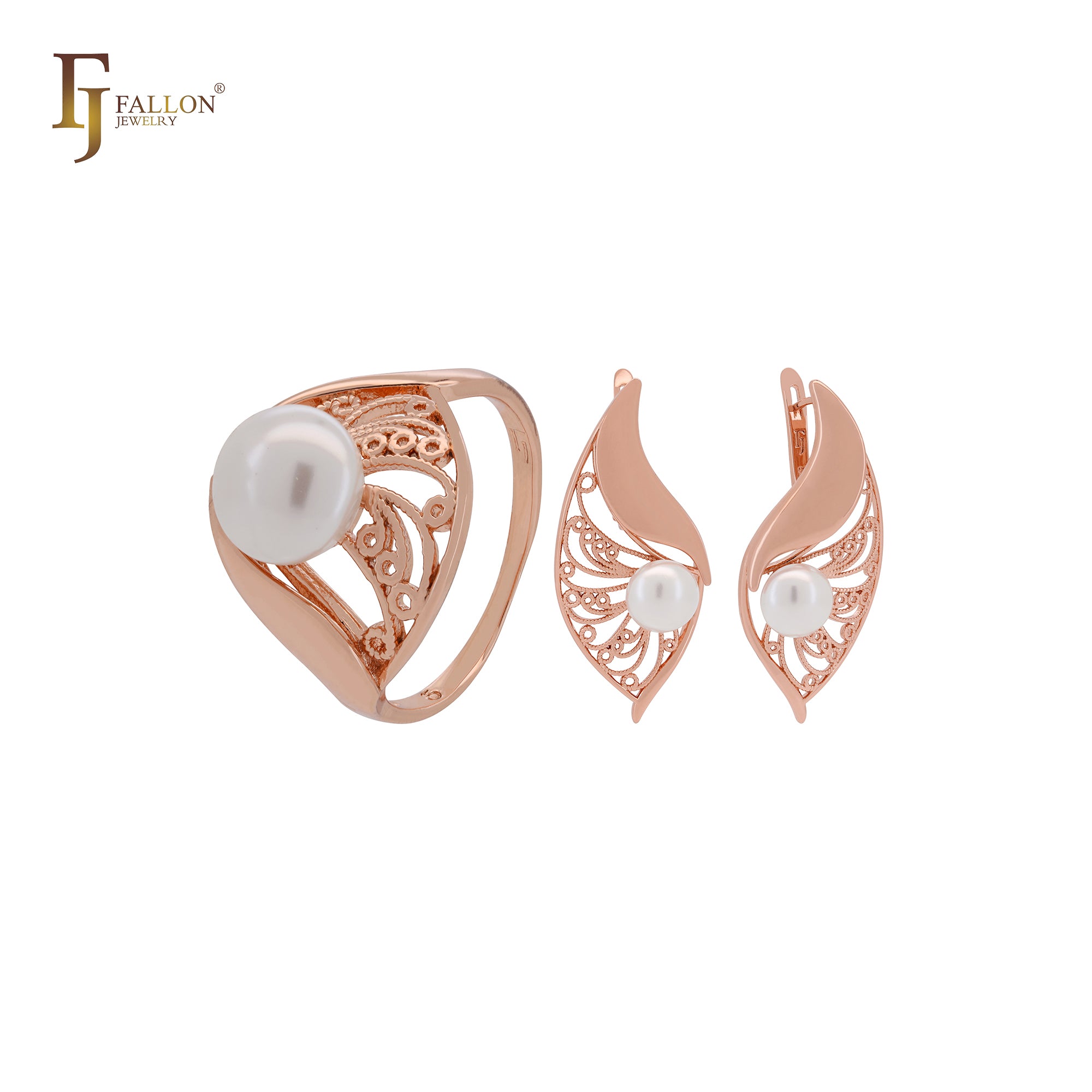 Tolle Blätter aus Filigran mit Perle Roségold Schmuckset mit Ringen